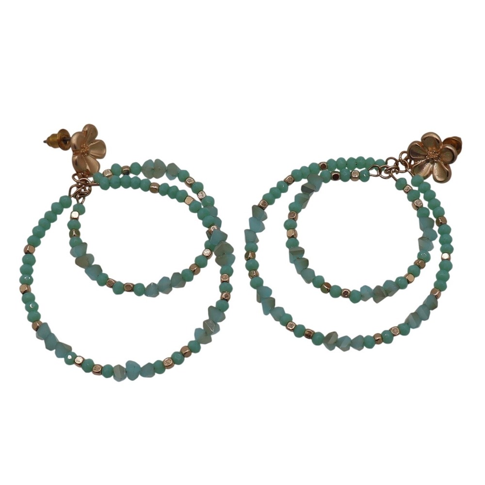 Mint Green Beaded Double Hoop Drop Earrings Gold Tone Flower Stud Boho Style
